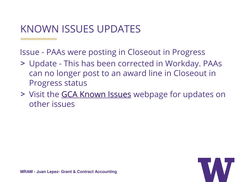 known issues updates 2