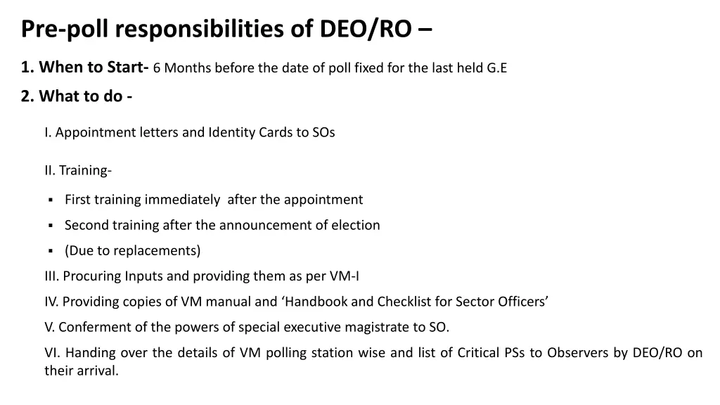 pre poll responsibilities of deo ro