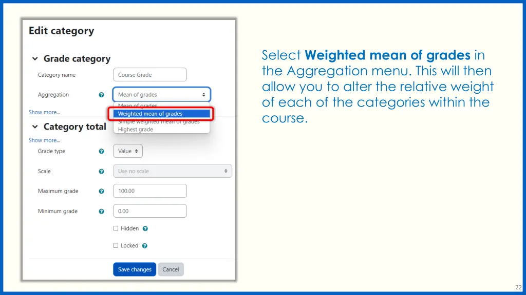 select weighted mean of grades in the aggregation