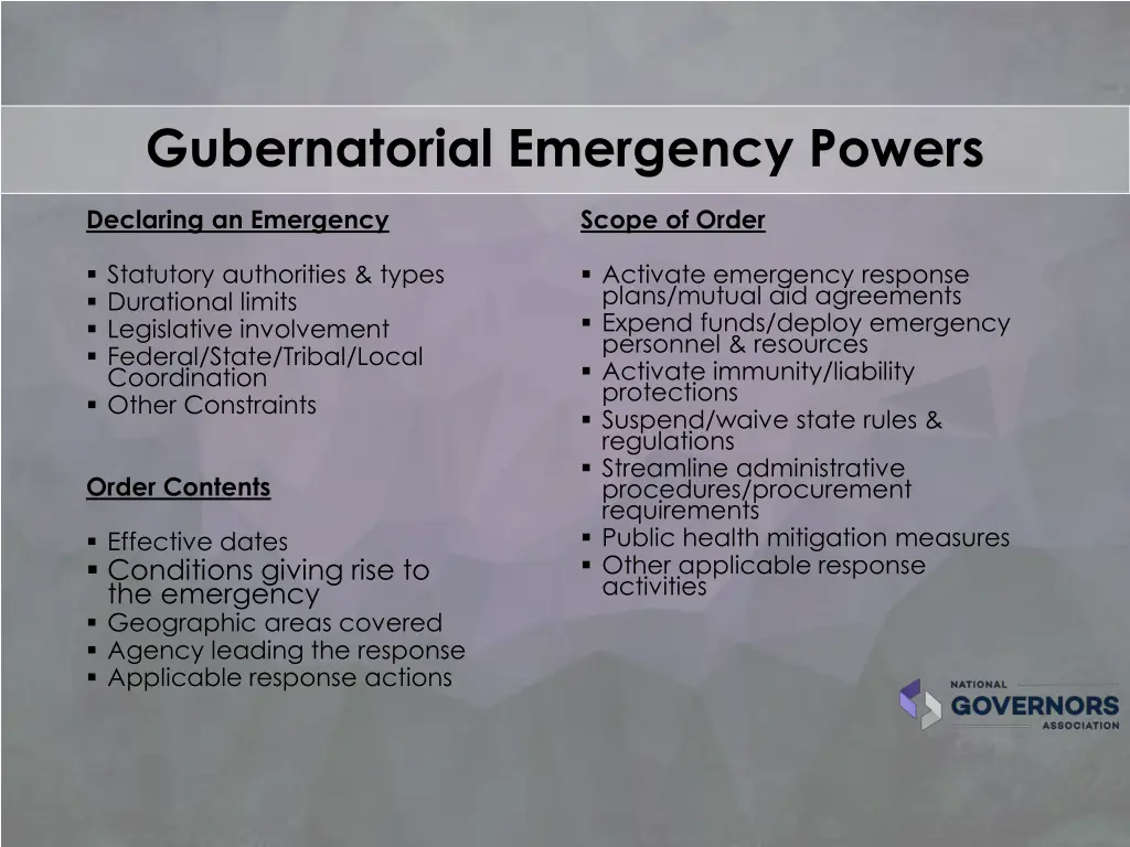 gubernatorial emergency powers