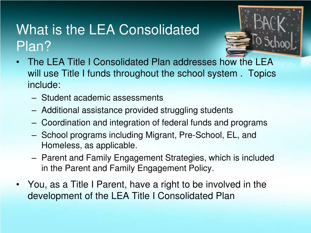what is the lea consolidated plan the lea title