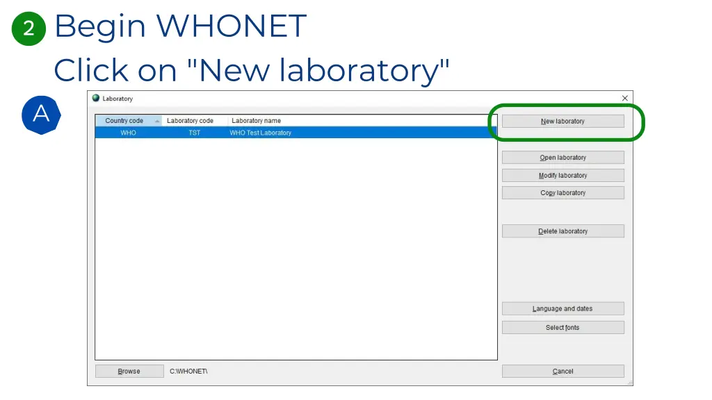 begin whonet click on new laboratory