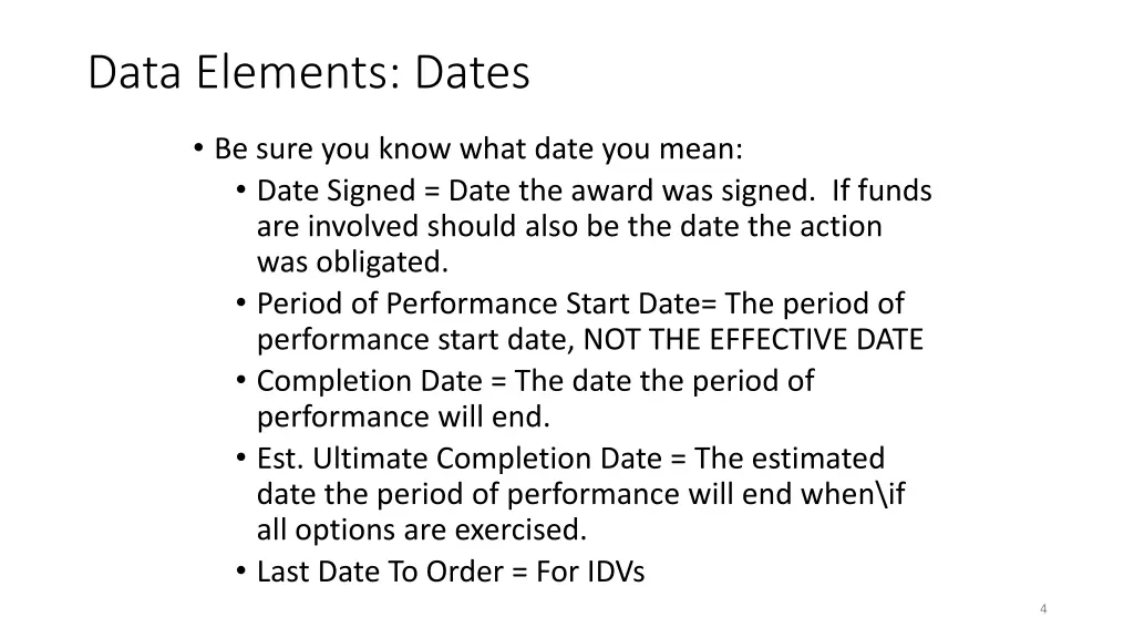 data elements dates