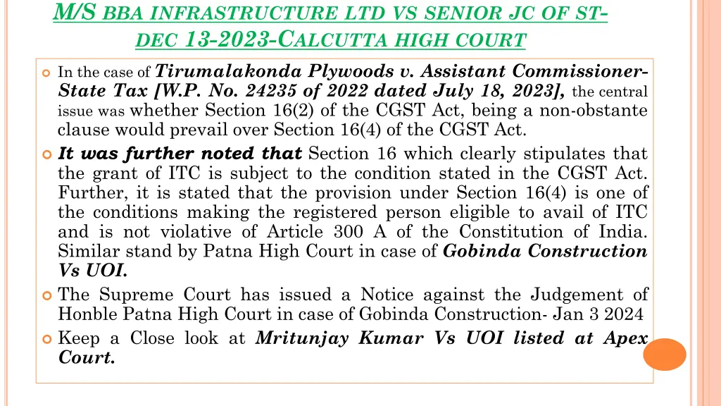 m s bba infrastructure ltd vs senior 1