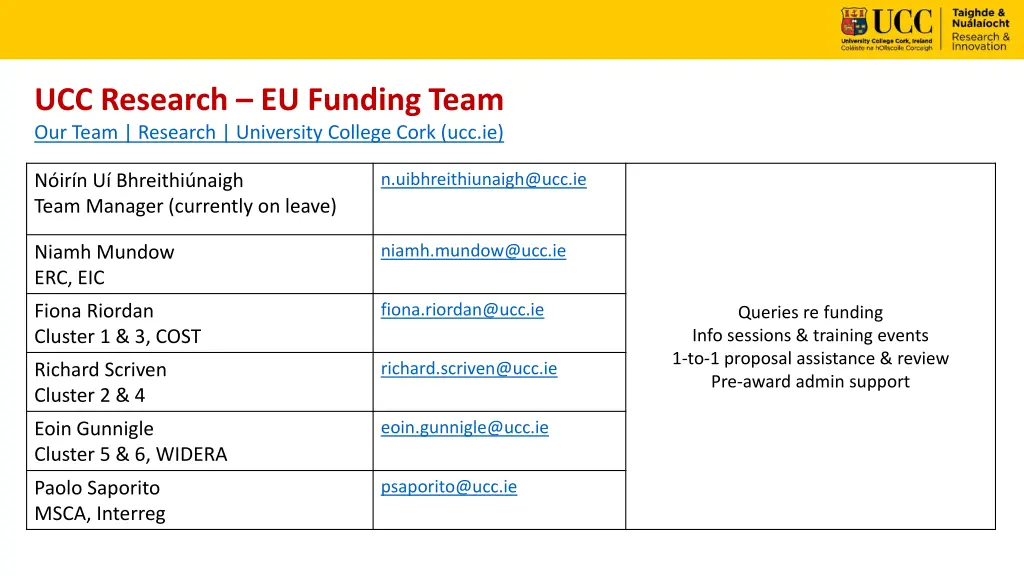 ucc research eu funding team our team research