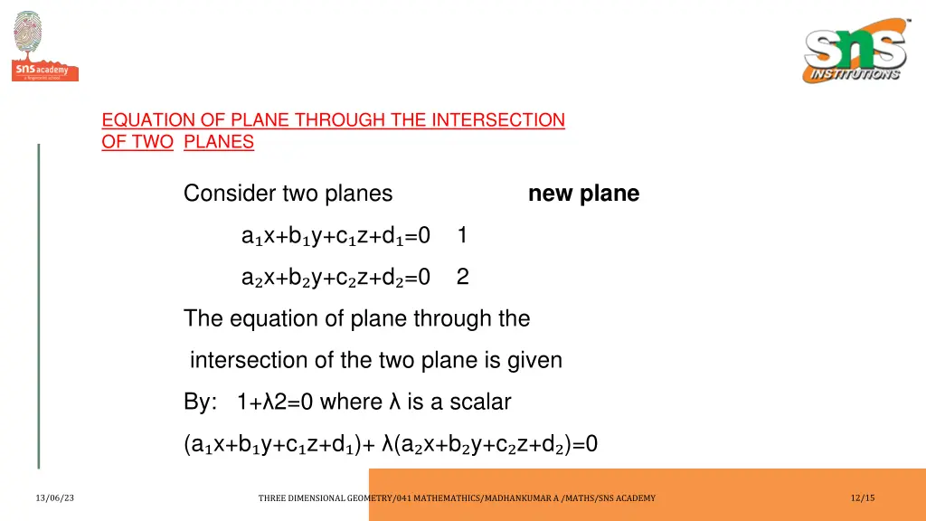 equation of plane through the intersection