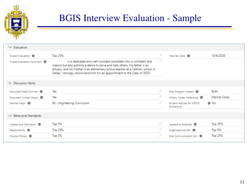 bgis interview evaluation sample