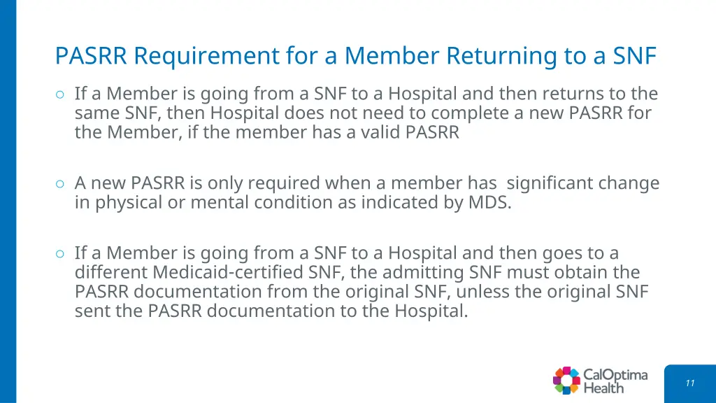 pasrr requirement for a member returning to a snf