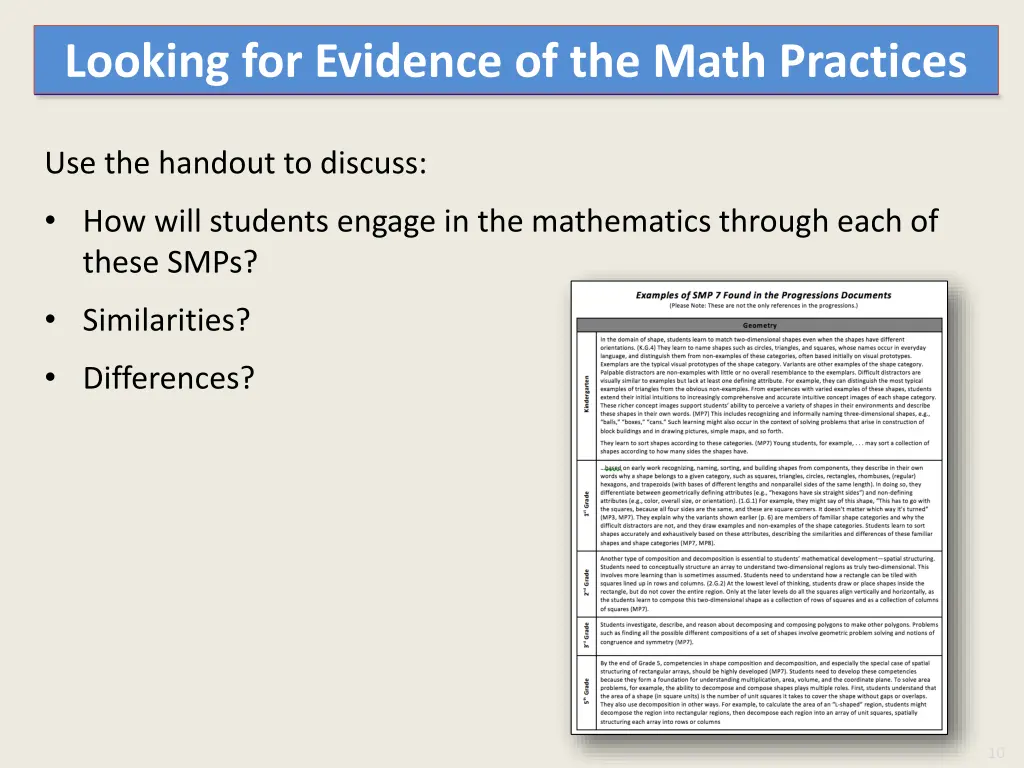 looking for evidence of the math practices 1