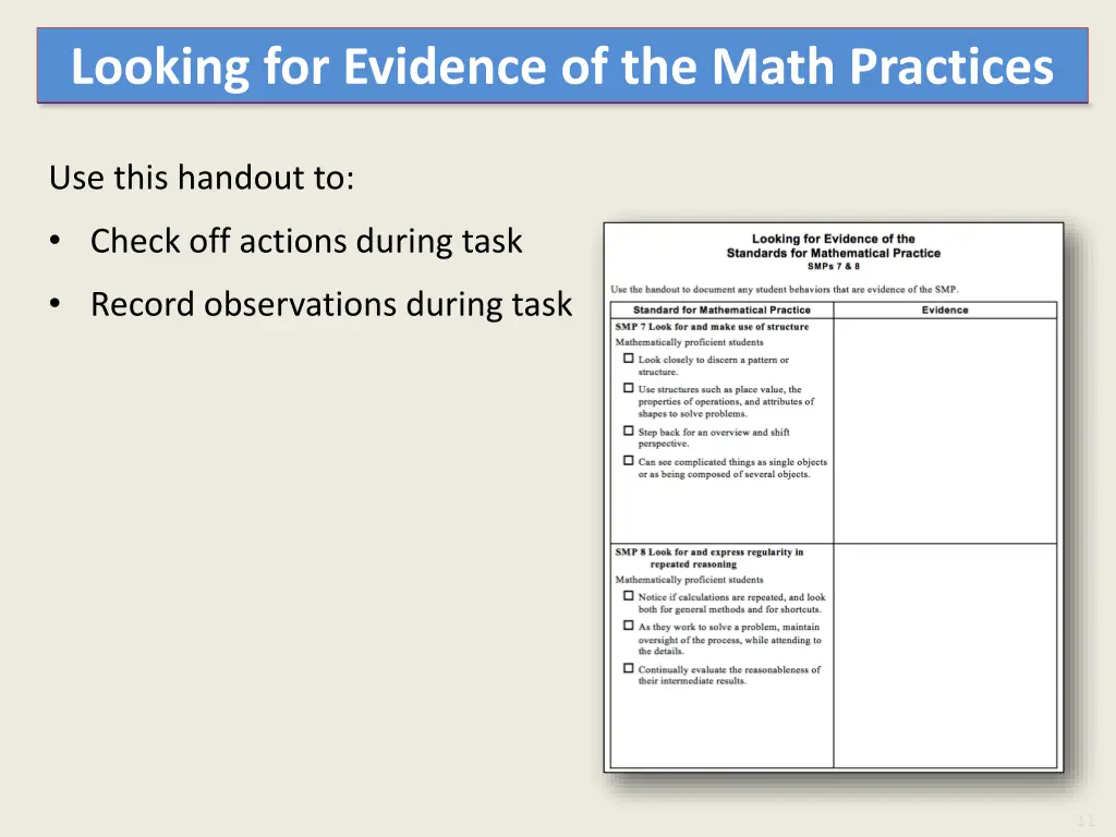 looking for evidence of the math practices 2