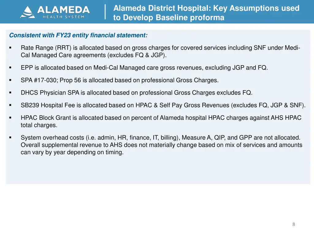 alameda district hospital key assumptions used 1