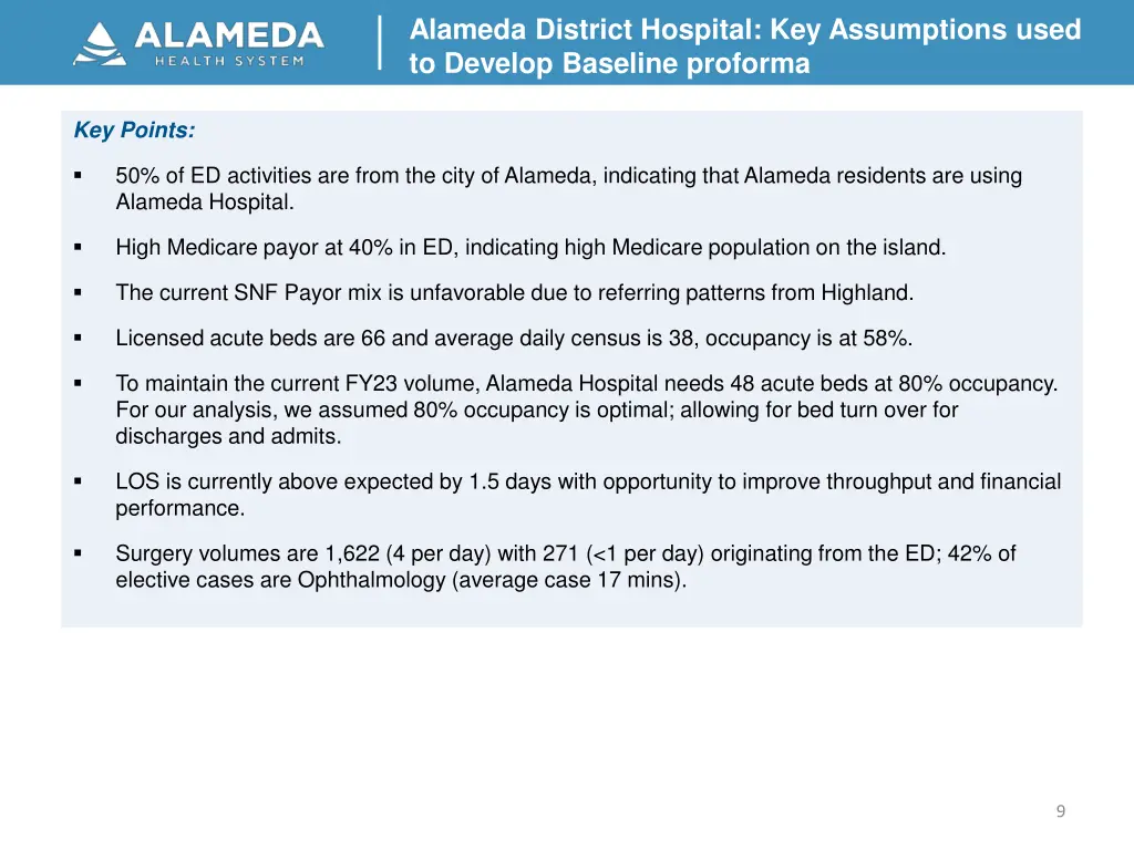 alameda district hospital key assumptions used 2