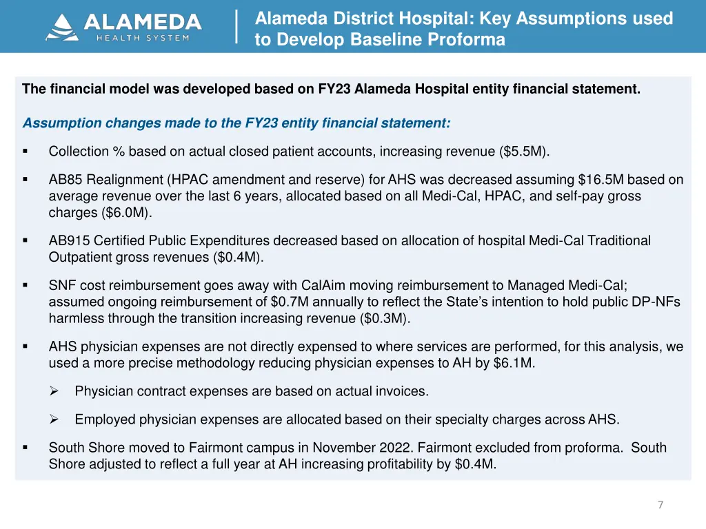 alameda district hospital key assumptions used