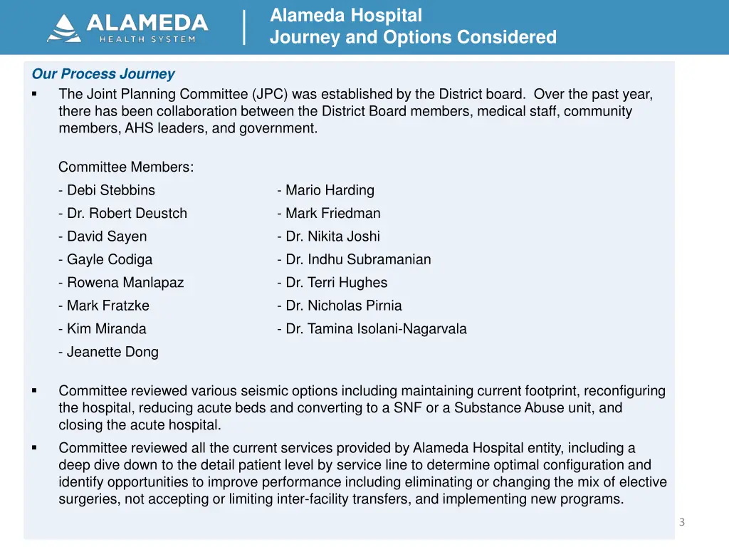 alameda hospital journey and options considered