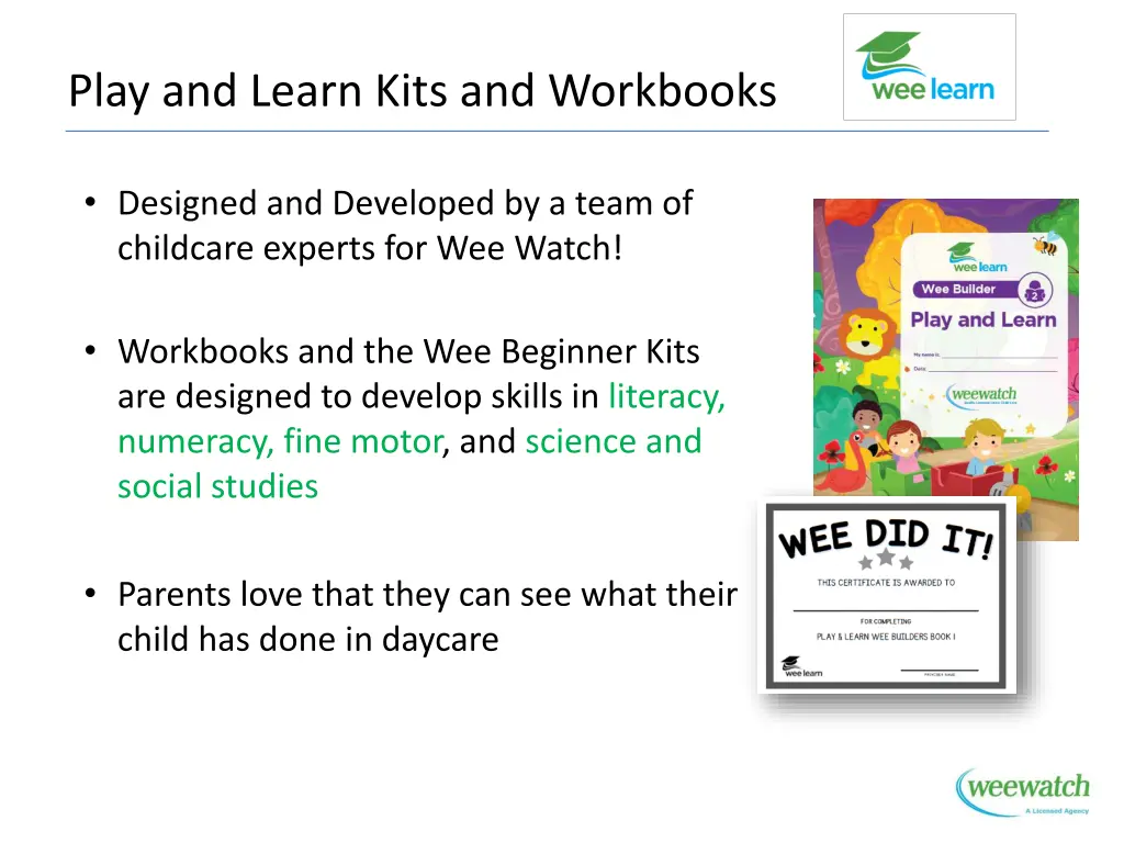 play and learn kits and workbooks