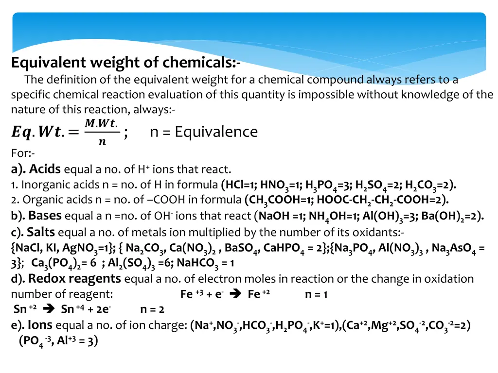 equivalent weight of chemicals the definition