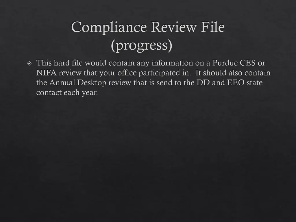 compliance review file progress