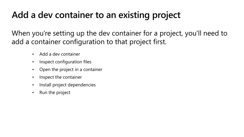 add a dev container to an existing project