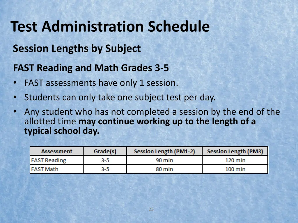 test administration schedule 2