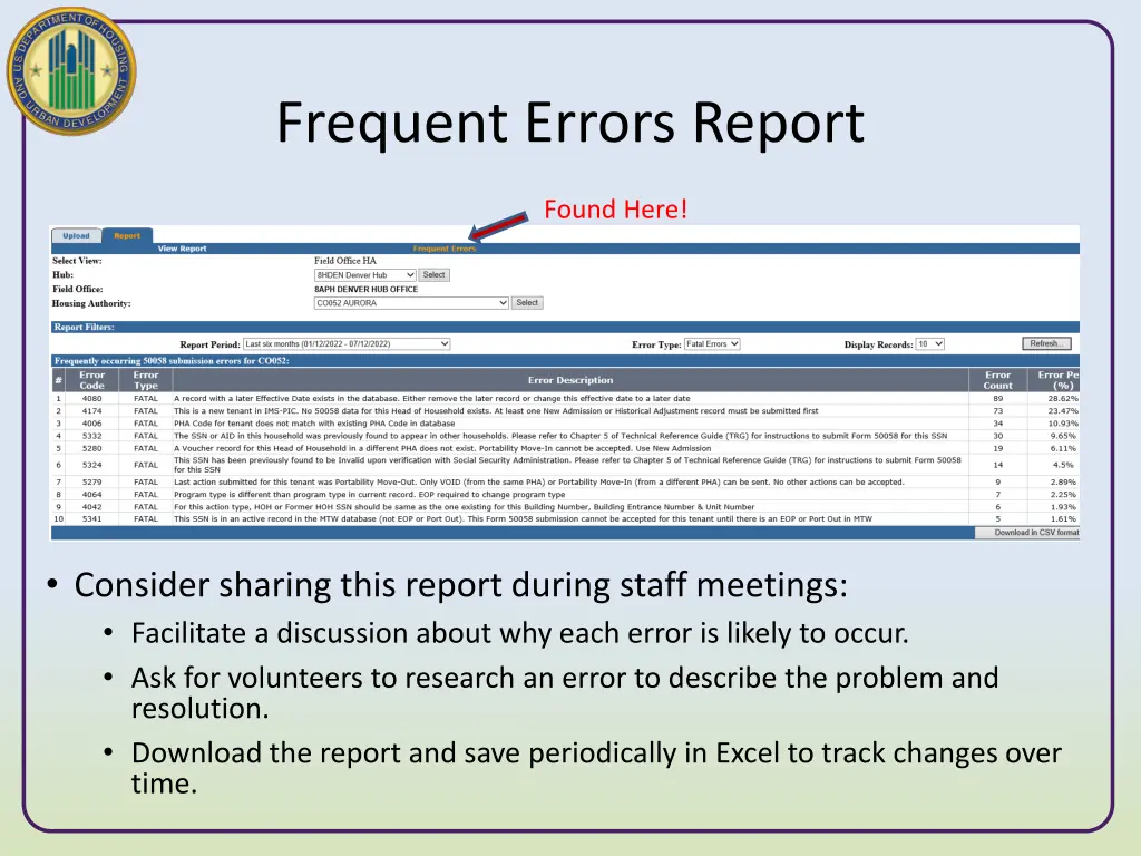 frequent errors report