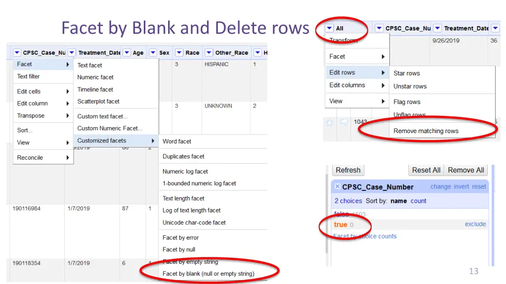 facet by blank and delete rows