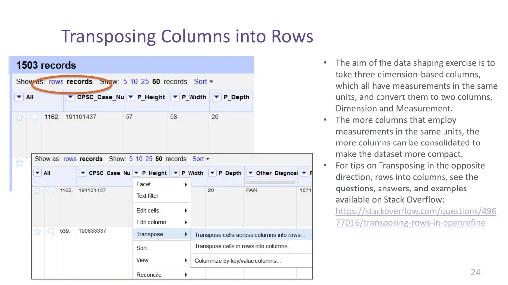 transposing columns into rows