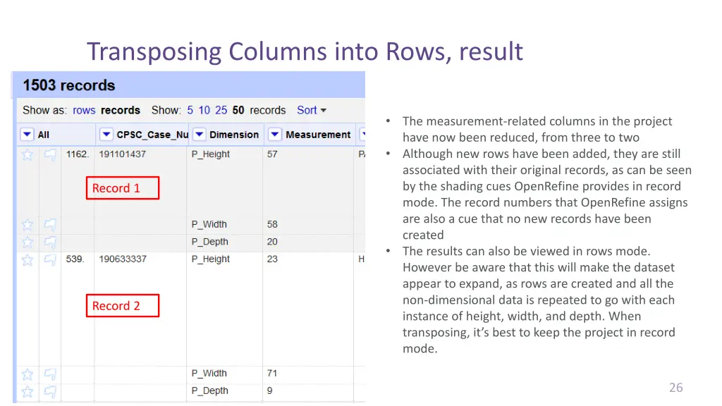 transposing columns into rows result