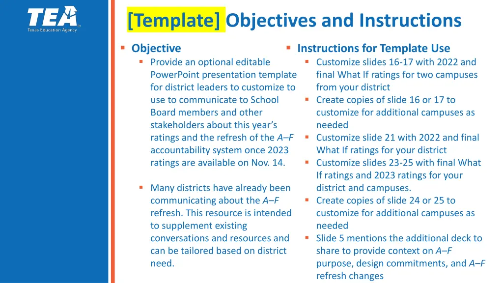 template objectives and instructions