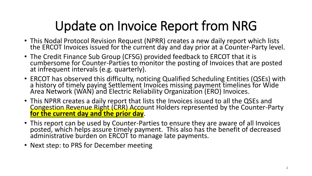 update on invoice report from nrg update