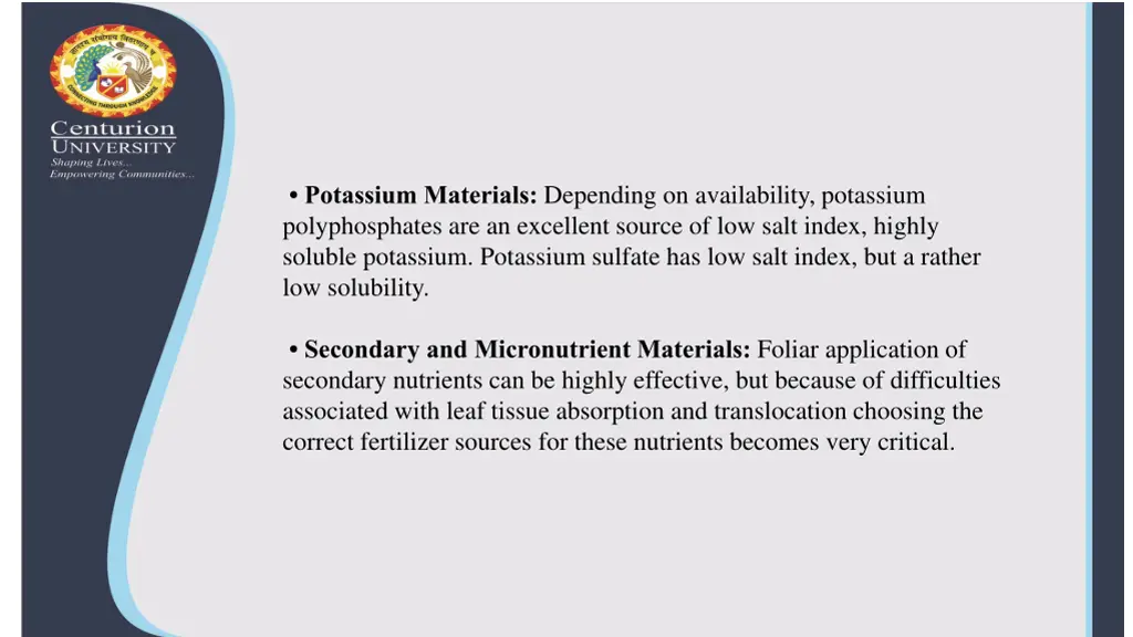 potassium materials depending on availability