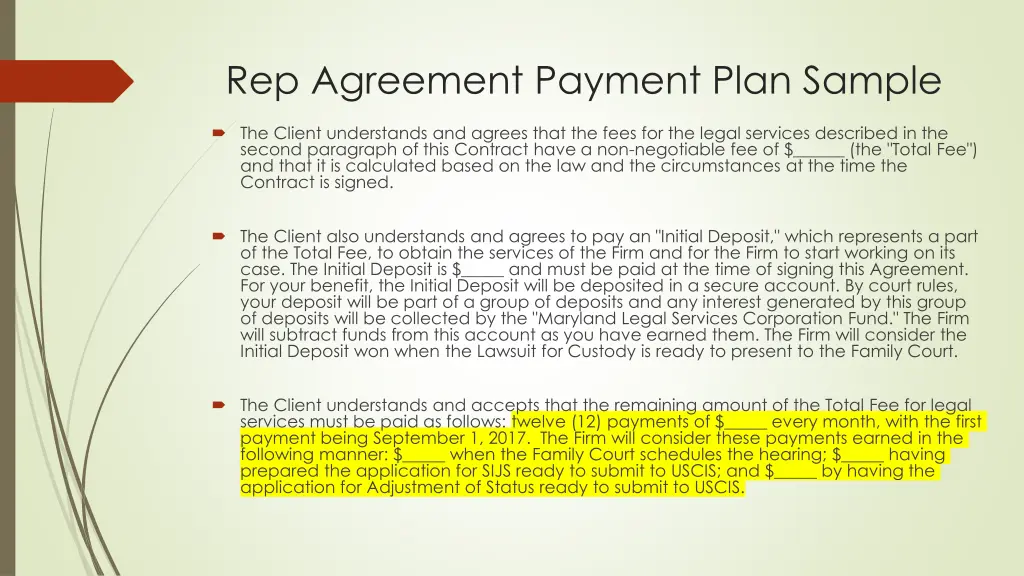 rep agreement payment plan sample