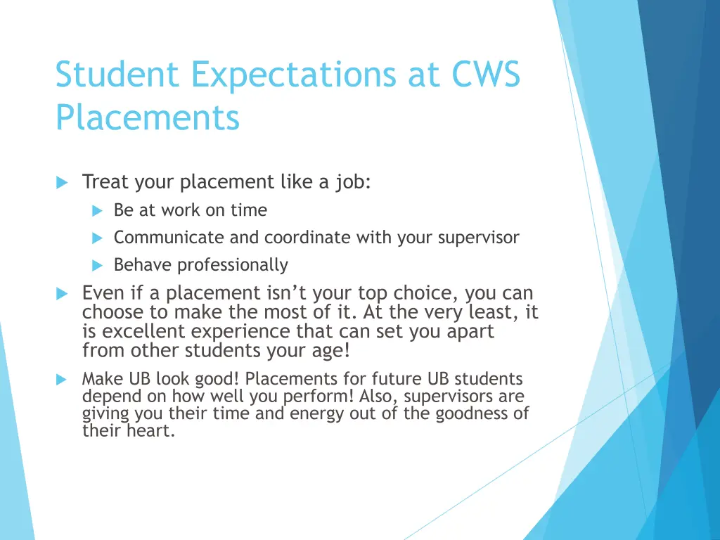 student expectations at cws placements