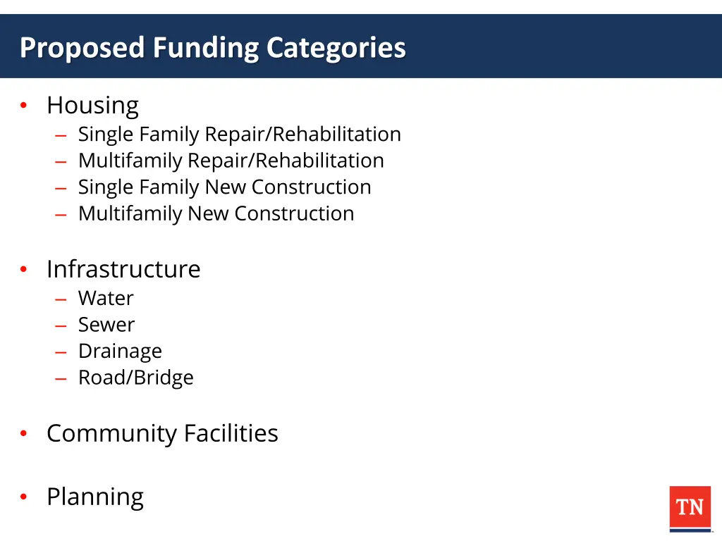 proposed funding categories