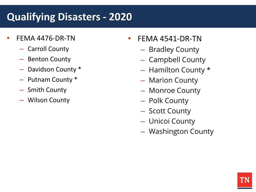 qualifying disasters 2020