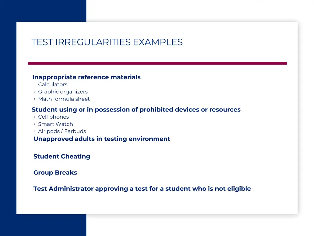 test irregularities examples