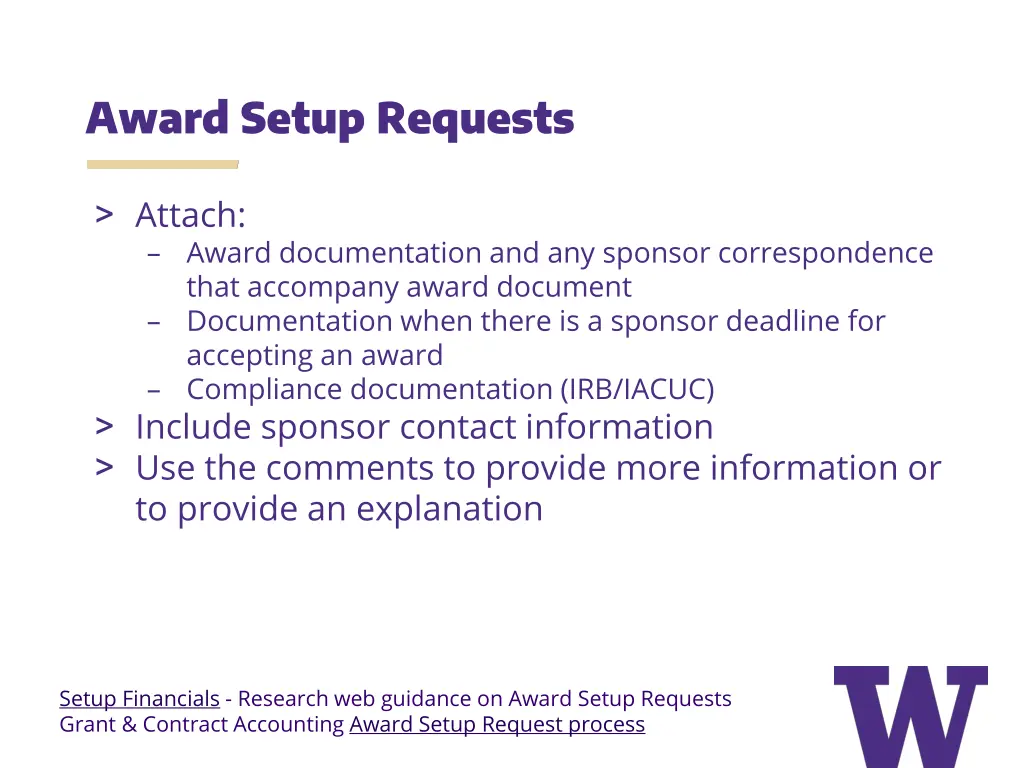 award setup requests