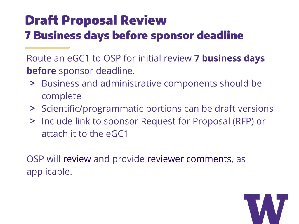 draft proposal review 7 business days before