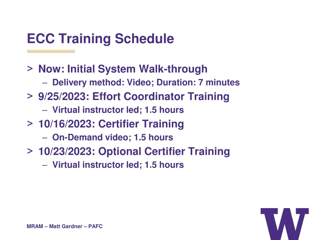 ecc training schedule