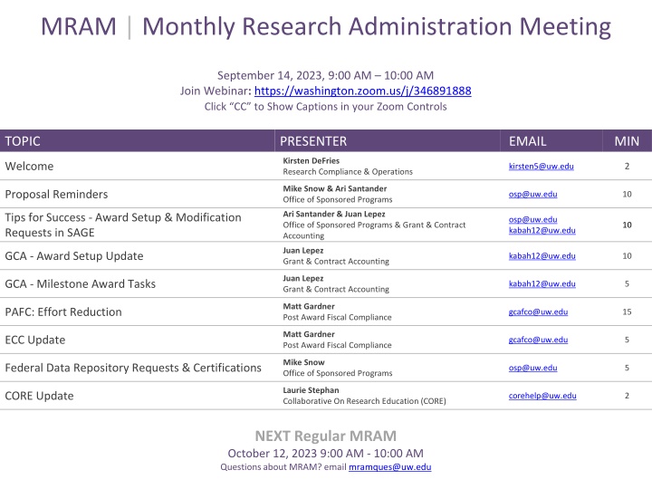 mram monthly research administration meeting