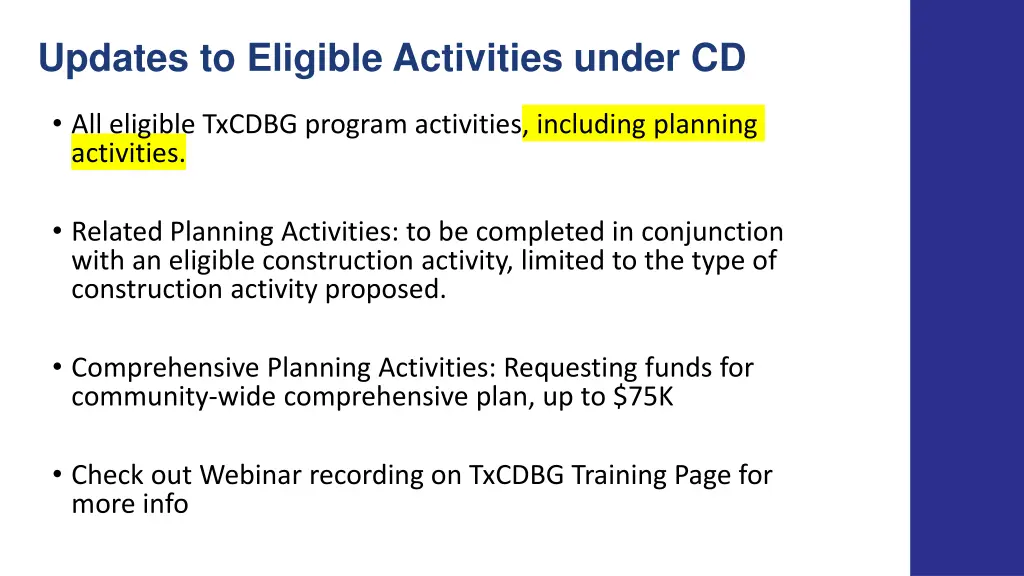updates to eligible activities under cd