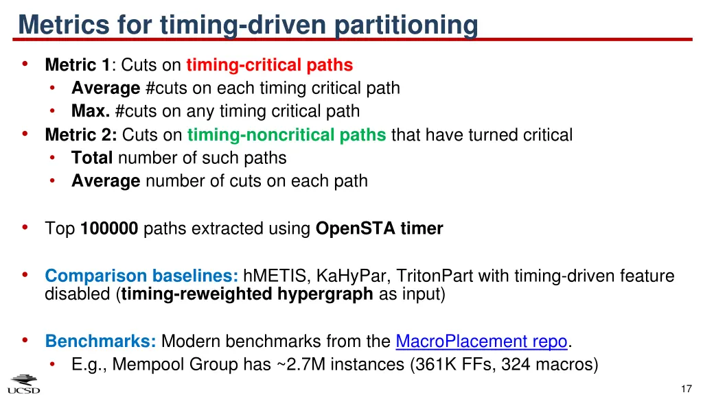 metrics for timing driven partitioning