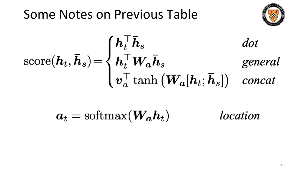 some notes on previous table