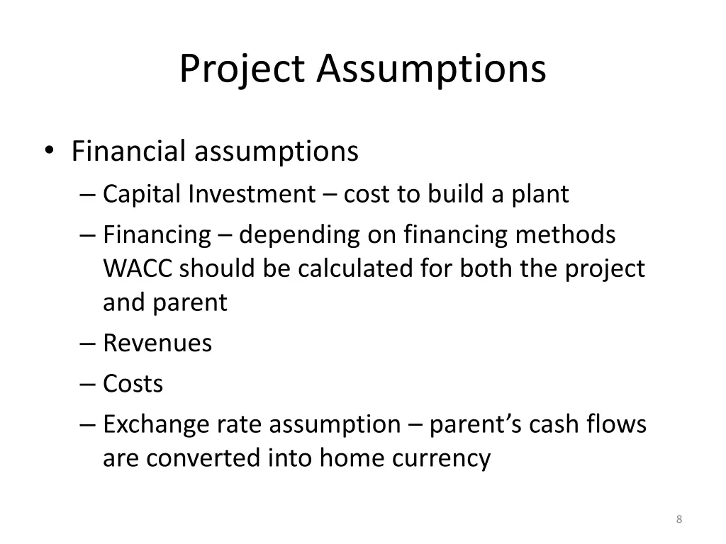 project assumptions