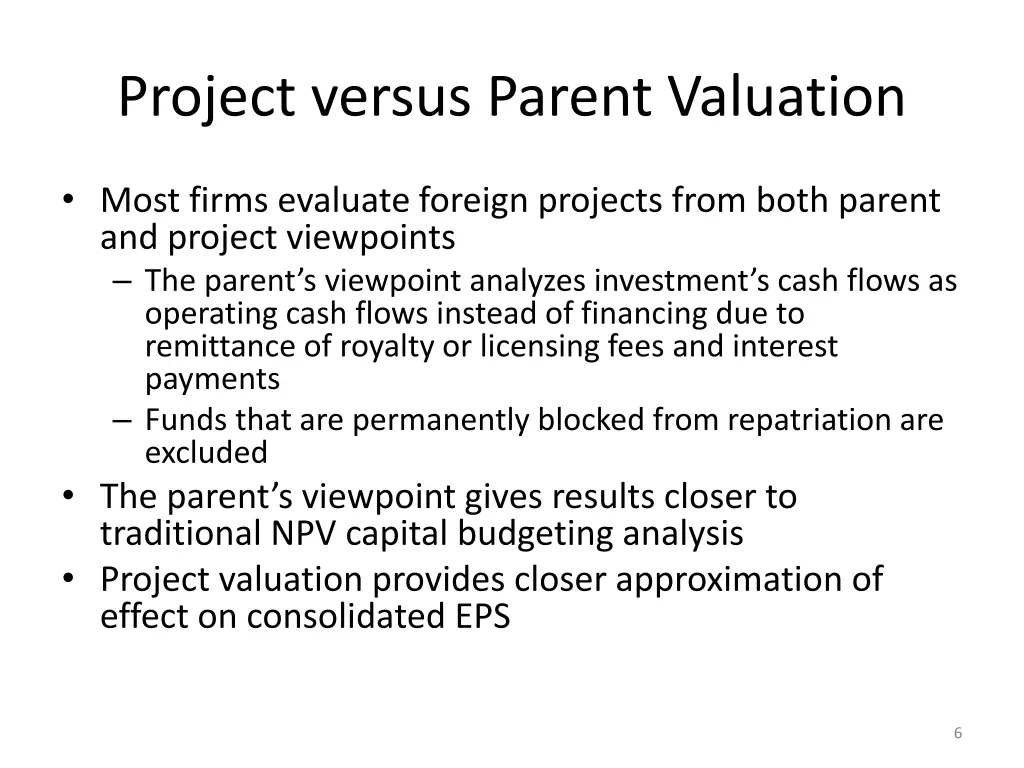 project versus parent valuation