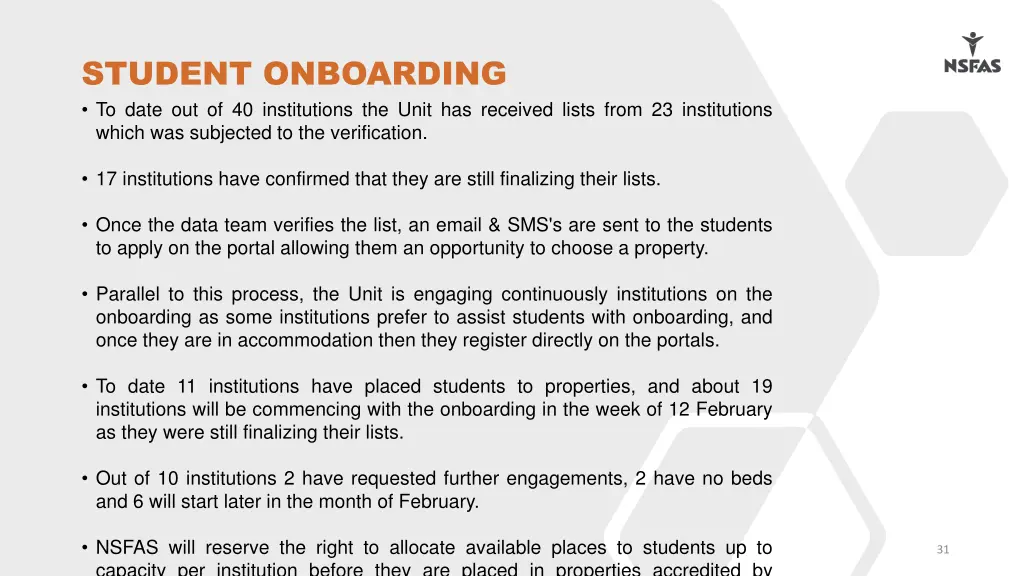 student onboarding to date out of 40 institutions