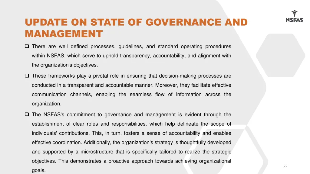 update on state of governance and management 1