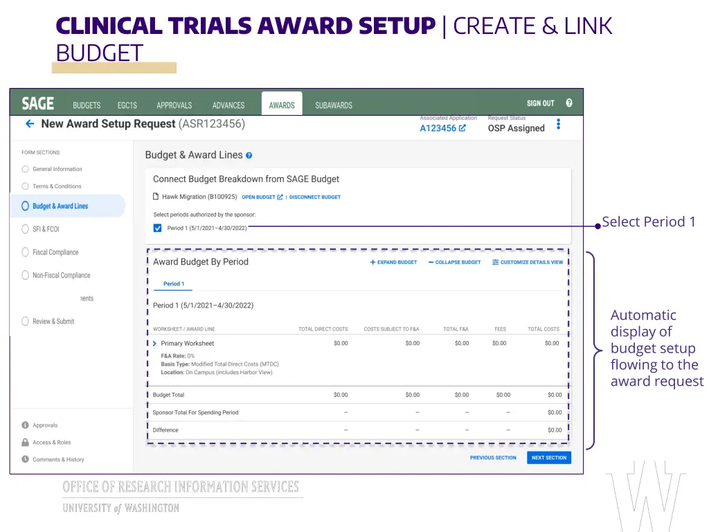 clinical trials award setup create link budget