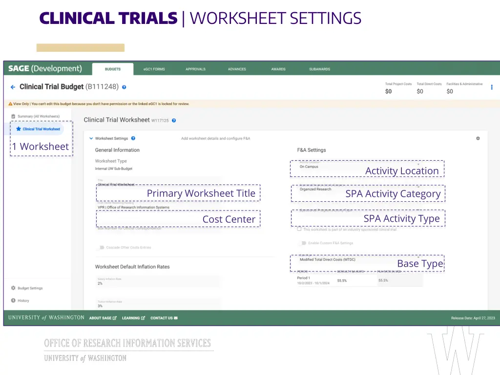 clinical trials worksheet settings