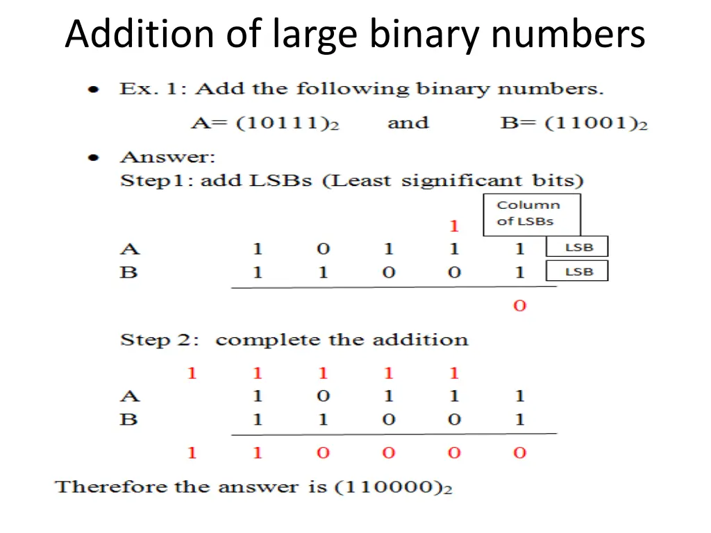 addition of large binary numbers