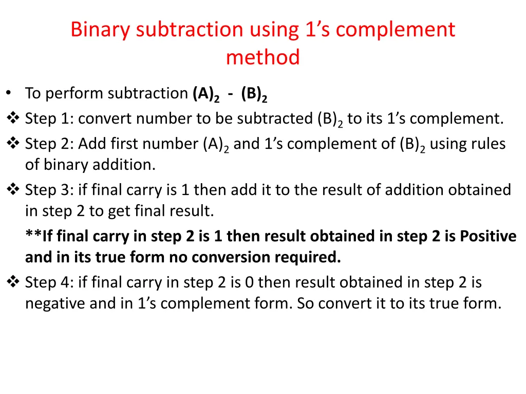 binary subtraction using 1 s complement method
